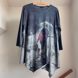 Vintage 90s Inoah Asymmetrical Lagenlook Graphic Tunic Loose Fit Top Longline